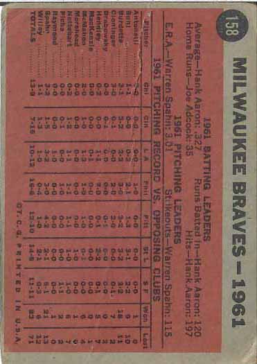 1962 Milwaukee  Braves TC